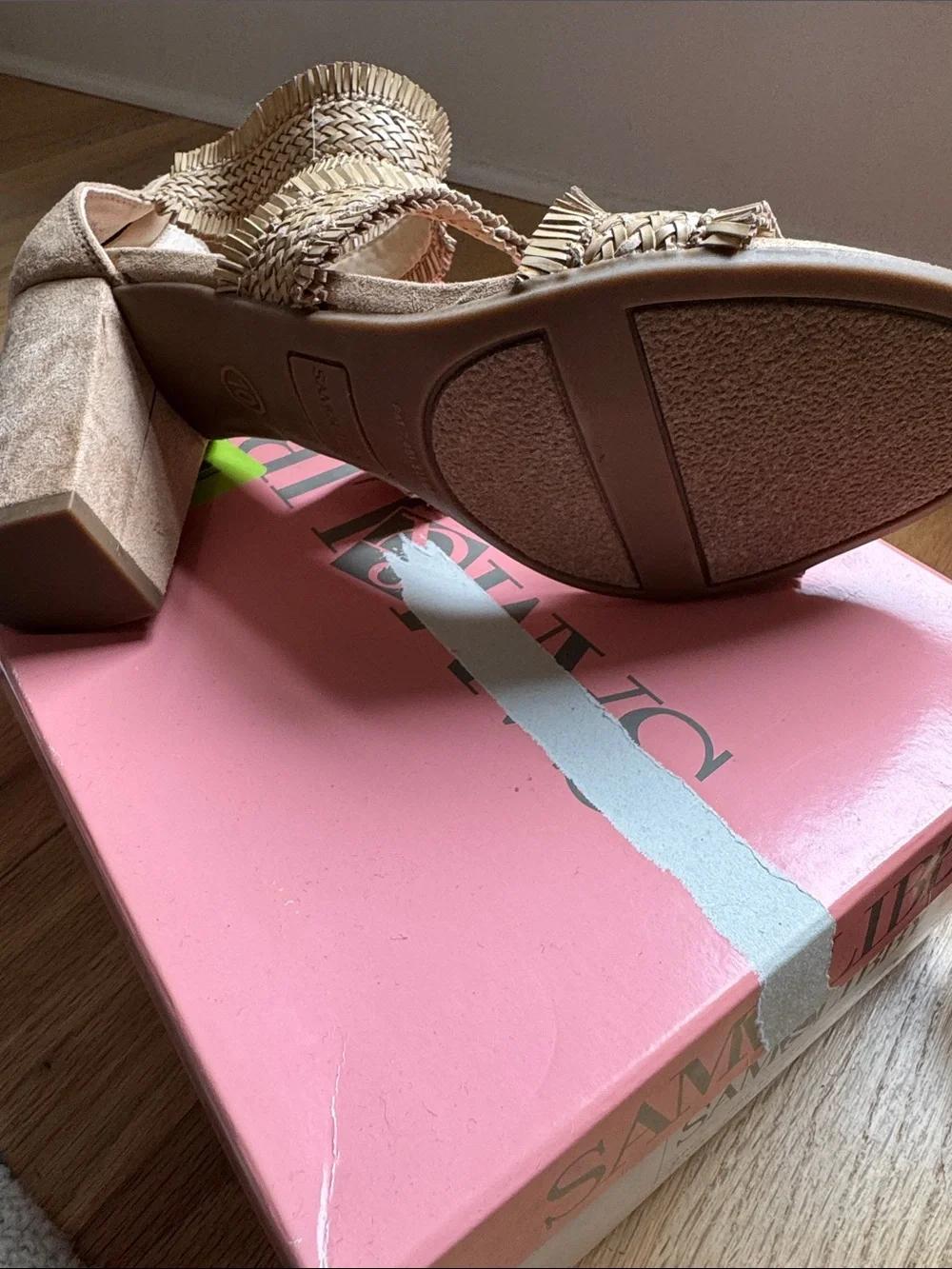 Sam & Libby Tan Woven Fringe Block Heel Sandals